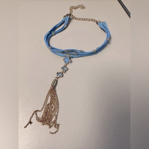 Ettika 18k Gold Plated Boho Blue Quatrefoil Suede Tassle Choker - Picture 1 of 2